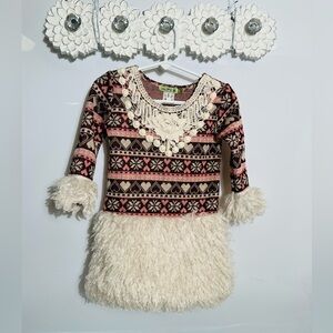 Little Mass Girls Knit Dress With Faux Fur Trim and Lace Appliqué Size 2T